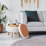 Round Velvet Storage Ottoman with Wood Legs (Cream)