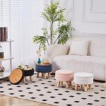 Round Velvet Storage Ottoman with Wood Legs (Cream)
