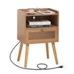 Mid Century Nightstand with Charging Station and Glass Drawer