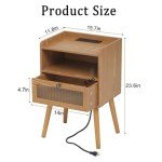 Mid Century Nightstand with Charging Station and Glass Drawer