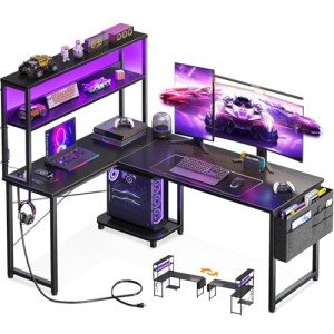 L Shaped Gaming Desk with LED Light & Outlet
