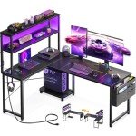 L Shaped Gaming Desk with LED Light & Outlet