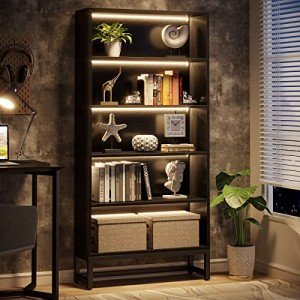 Tall Black Bookcase with LED Lights - 5-Tier
