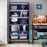 Tall Black Bookcase with LED Lights - 5-Tier