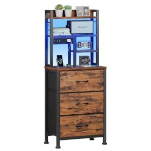 Tall Rustic Brown Nightstand with Charging Station