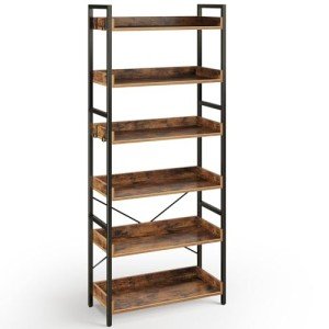 Rolanstar 6-Tier Industrial Vintage Bookshelf with Hooks