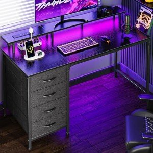 47" LED Gaming Desk with Power Outlets & Drawers