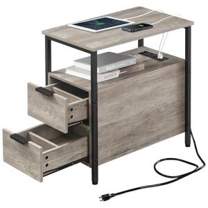 VASAGLE Charging Side Table with Drawers, Greige/Black