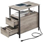 VASAGLE Charging Side Table with Drawers, Greige/Black