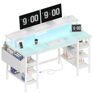White Gaming Desk with LED Lights and Storage