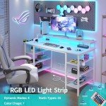 White Gaming Desk with LED Lights and Storage