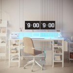 White Gaming Desk with LED Lights and Storage