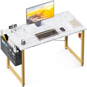 Modern White Marble Computer Desk with Storage Hook