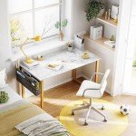 Modern White Marble Computer Desk with Storage Hook