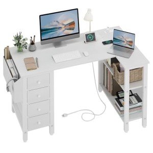 Lufeiya White L-Shaped Desk with Drawers & Shelves