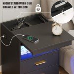 Modern Nightstand with USB, LED Light & Gun Drawer