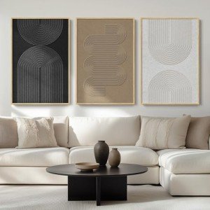 Large Framed Boho Black and White Brown Abstract Wall Art for Living Room, Set of 3 Piece Modern Minimalist Canvas Paintings Artwork for Walls, Geometric Prints Pictures for Hallway Office Wall Decor 24x36 In
