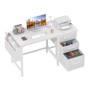 Lufeiya White Computer Desk with Fabric File Drawers Cabinet, 47 Inch Reversible Home Office Desks with Filing Cabinet for Small Space, Modern Writing Table PC Desks, White