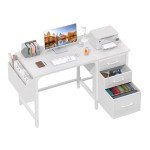 Lufeiya White Computer Desk with Fabric File Drawers Cabinet, 47 Inch Reversible Home Office Desks with Filing Cabinet for Small Space, Modern Writing Table PC Desks, White