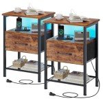 TRIFEBLE Night Stand Set 2, End Table with Charging Station, LED Bedside Table with Fabric Drawer for Bedroom, 3-Tier Side Table with Open Shelf, Rustic Brown