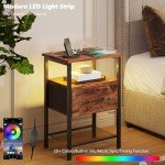 TRIFEBLE Night Stand Set 2, End Table with Charging Station, LED Bedside Table with Fabric Drawer for Bedroom, 3-Tier Side Table with Open Shelf, Rustic Brown