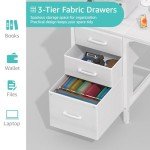 Lufeiya White Computer Desk with Fabric File Drawers Cabinet, 47 Inch Reversible Home Office Desks with Filing Cabinet for Small Space, Modern Writing Table PC Desks, White