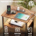 TRIFEBLE Night Stand Set 2, End Table with Charging Station, LED Bedside Table with Fabric Drawer for Bedroom, 3-Tier Side Table with Open Shelf, Rustic Brown