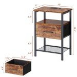 TRIFEBLE Night Stand Set 2, End Table with Charging Station, LED Bedside Table with Fabric Drawer for Bedroom, 3-Tier Side Table with Open Shelf, Rustic Brown