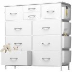 YaFiti 10 Drawer Dresser, Chest of Drawers for Bedroom, PU Dresser with Side Pockets, Hooks, Wooden Top and Sturdy Metal Frame for Living Room, Closet, Hallway (White)
