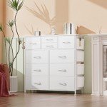 YaFiti 10 Drawer Dresser, Chest of Drawers for Bedroom, PU Dresser with Side Pockets, Hooks, Wooden Top and Sturdy Metal Frame for Living Room, Closet, Hallway (White)