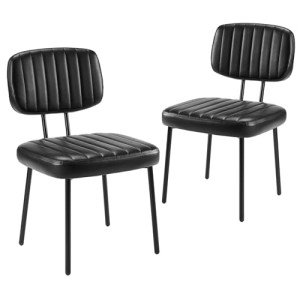 Sweetcrispy Dining Chairs Set of 2, Upholstered Mid Century Modern Kitchen Dining Room Accent Chairs with Faux Leather Cushion Seat & Metal Legs for Kitchen, Living Room - Black