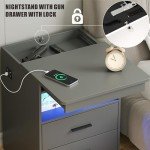Nightstand with Gun Drawer, Charging Bedside Table with USB & Type-C Port, LED Night Stand with Human Sensor Light, Modern End Table with Drawers for Bedroom Office, Grey