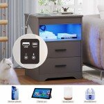 Nightstand with Gun Drawer, Charging Bedside Table with USB & Type-C Port, LED Night Stand with Human Sensor Light, Modern End Table with Drawers for Bedroom Office, Grey