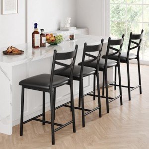 IDEALHOUSE Bar Stools Set of 4, Upholstered Bar Chairs with Back, Thick Cushion, Counter Height Barstools for Kitchen Island Apartment Counter Bar (4)