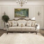Lexicon Traditional Sofa Couch for Living Room, Rolled Arm Sofa with 5 Accent Pillows, Tufting, Queen Legs in Cherry Finish with Gold Tipping, Upholstered Living Room Furniture, 3 Seater Couch, Brown