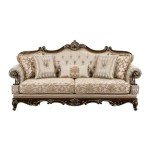Lexicon Traditional Sofa Couch for Living Room, Rolled Arm Sofa with 5 Accent Pillows, Tufting, Queen Legs in Cherry Finish with Gold Tipping, Upholstered Living Room Furniture, 3 Seater Couch, Brown