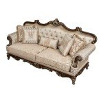 Lexicon Traditional Sofa Couch for Living Room, Rolled Arm Sofa with 5 Accent Pillows, Tufting, Queen Legs in Cherry Finish with Gold Tipping, Upholstered Living Room Furniture, 3 Seater Couch, Brown