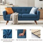 Tbfit 65" W Loveseat Sofa, Mid Century Modern Decor Love Seat Sofas and Couches for Living Room, Button Tufted Upholstered Small Couch for Bedroom, Solid and Easy to Install Love Seats Furniture, Blue
