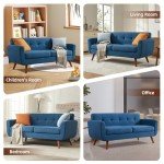 Tbfit 65" W Loveseat Sofa, Mid Century Modern Decor Love Seat Sofas and Couches for Living Room, Button Tufted Upholstered Small Couch for Bedroom, Solid and Easy to Install Love Seats Furniture, Blue