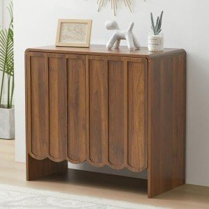ORRD Sideboard Buffet Cabinet, Accent Storage Cabinet with 2 Doors, Farmhouse Wood Cabinet with Adjustable Shelves and Wave Panel for Living Room, Dining Room, Entry - Walnut