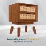 Bme Jasper Deluxe Solid Wood Rattan Nightstand Fully Assembled-Mid Century Modern Side Table with 2 Drawers-Multipurpose use for Living Room, Bedroom-Dark Chocolate
