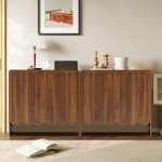 ORRD Sideboard Buffet Cabinet, Accent Storage Cabinet with 2 Doors, Farmhouse Wood Cabinet with Adjustable Shelves and Wave Panel for Living Room, Dining Room, Entry - Walnut
