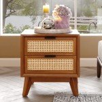 Bme Jasper Deluxe Solid Wood Rattan Nightstand Fully Assembled-Mid Century Modern Side Table with 2 Drawers-Multipurpose use for Living Room, Bedroom-Dark Chocolate