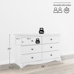 Prepac Sonoma 6 Drawer Dresser for Bedroom, Wide Chest of 6 Drawers, Bedroom Furniture, Ideal for Clothes Storage and Organization, 17.5"D x 48"W x 29"H, White
