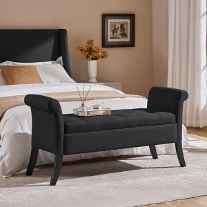 Yaheetech 52in Ottoman Bench Folding Storage Ottoman Bench Tufted Fabric Entryway Bench with Arms Footstool with Large Storage Foot Rest Seat Rolled Arms Cushioned Ottoman Black