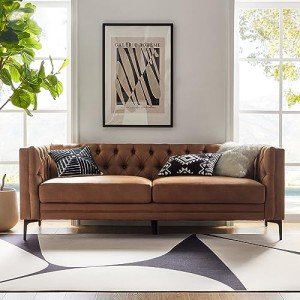 HULALA HOME 84" W Faux Leather Sofa Couch with Metal Legs, Button-Tufted 3-Seater Sofa, Mid Century Modern Upholstered Couch for Living Room, Entertainment Area, Apartment,Camel