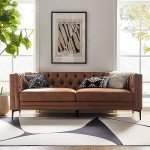 HULALA HOME 84" W Faux Leather Sofa Couch with Metal Legs, Button-Tufted 3-Seater Sofa, Mid Century Modern Upholstered Couch for Living Room, Entertainment Area, Apartment,Camel