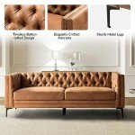HULALA HOME 84" W Faux Leather Sofa Couch with Metal Legs, Button-Tufted 3-Seater Sofa, Mid Century Modern Upholstered Couch for Living Room, Entertainment Area, Apartment,Camel
