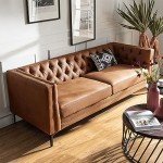 HULALA HOME 84" W Faux Leather Sofa Couch with Metal Legs, Button-Tufted 3-Seater Sofa, Mid Century Modern Upholstered Couch for Living Room, Entertainment Area, Apartment,Camel