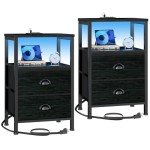 Furologee Nightstands Set of 2, End Tables with Charging Station and LED Lights, Black Night Stands with 2 Fabric Drawers, Bedside Tables Set of 2 for Living Room/Bedroom,Black Oak